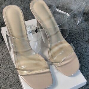 Womens Sandals Slip On Size 7.5 Nude Stiletto Transparent Straps Square Toe